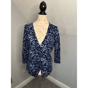 EUC Talbots Sweater Womens Pure Merino Wool Blue Leopard Animal Print Sz Large